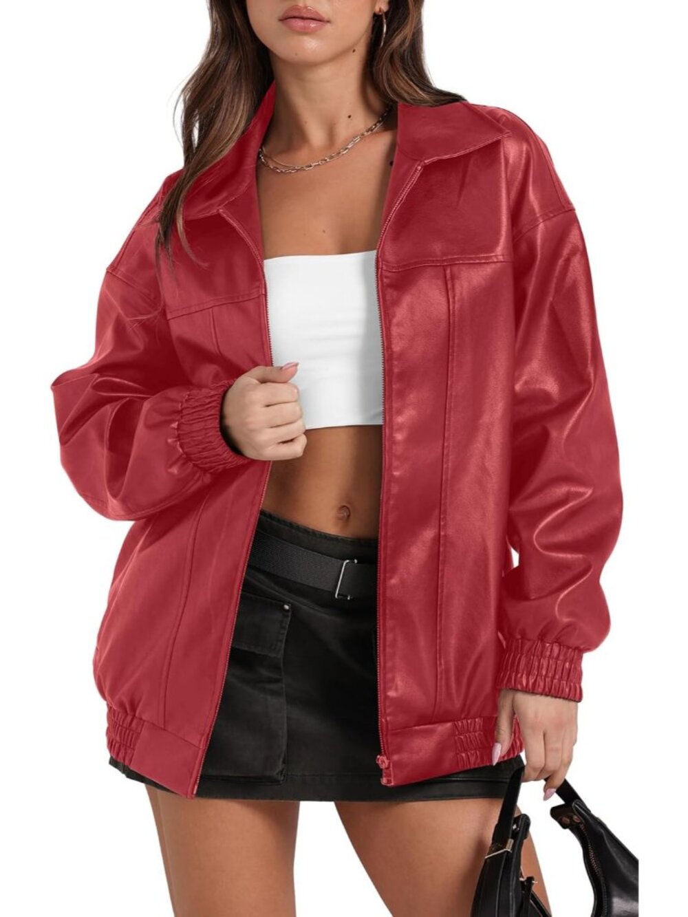 Women's Red Faux Oversized Motorcycle Bomber Coats Fall Fashion Winter Jackets